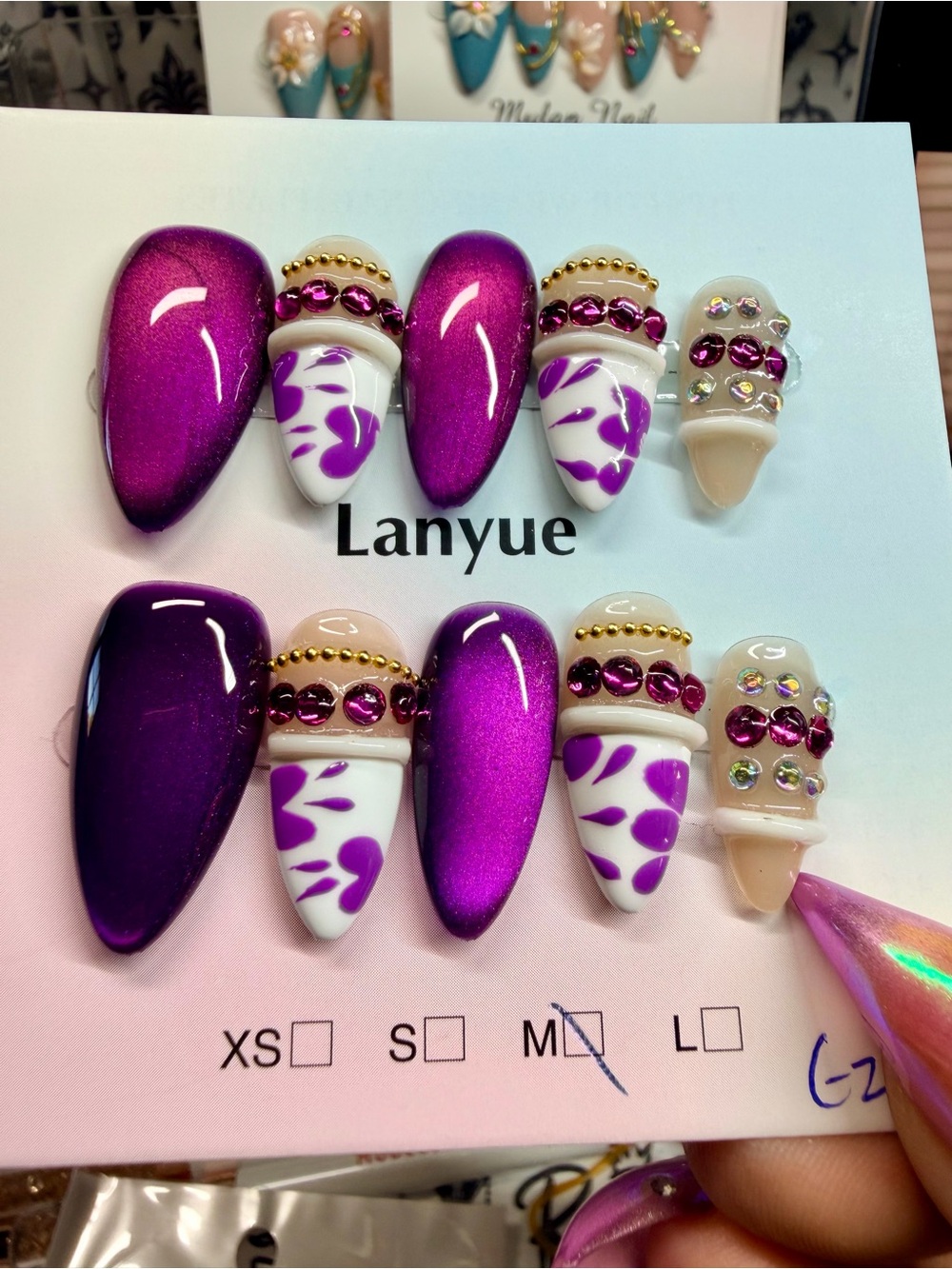 Purple and White Rhinestone Accent Press-On Nail Set